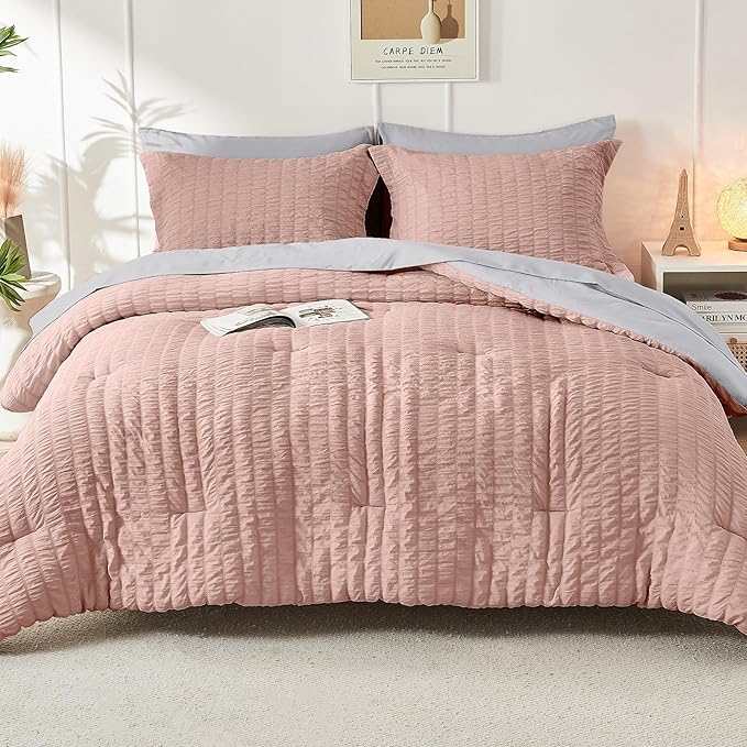 HYMOKEGE Rose Gold/Light Grey California King Comforter Set Seersucker 7 Pieces - Image 9