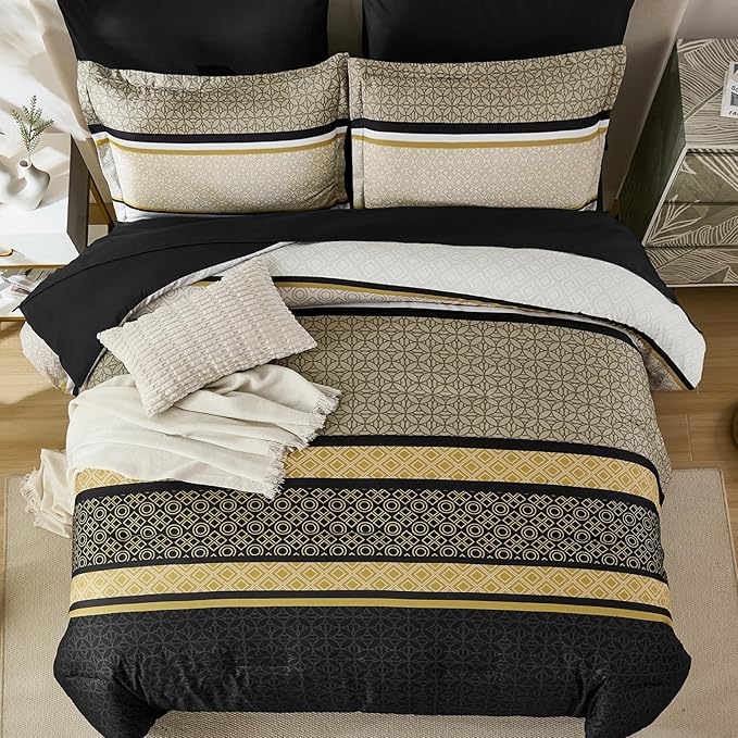 WONGS BEDDING Yellow Black Queen Comforter Set 7 Pieces, Boho Striped Bed in a - Image 3