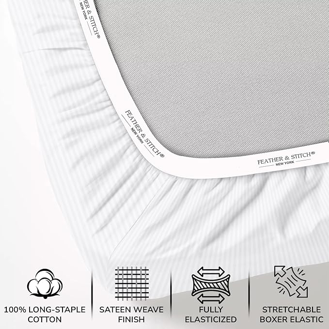 Feather & Stitch 1 Piece Fitted Sheet Queen Size, 100% Cotton Damask Sateen - Image 2