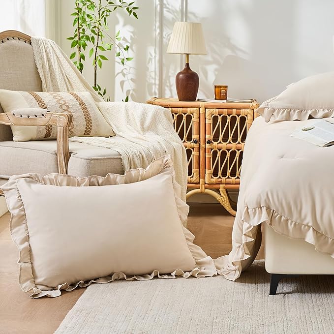 FUANNA Twin Comforter Set Beige, Ruffle Shabby Chic Twin Bed Set, Fluffy - Image 6