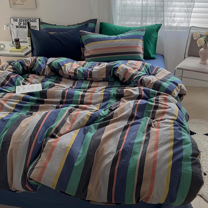 mixinni Vintage Striped Duvet Cover Full 100% Washed Cotton Bedding Set Retro - Image 3