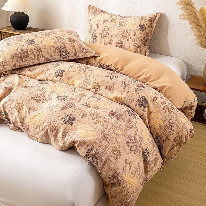 OAITE Brown Leaves Twin Size Duvet Cover-3 Pieces Prewashed Cotton-Like - Image 5