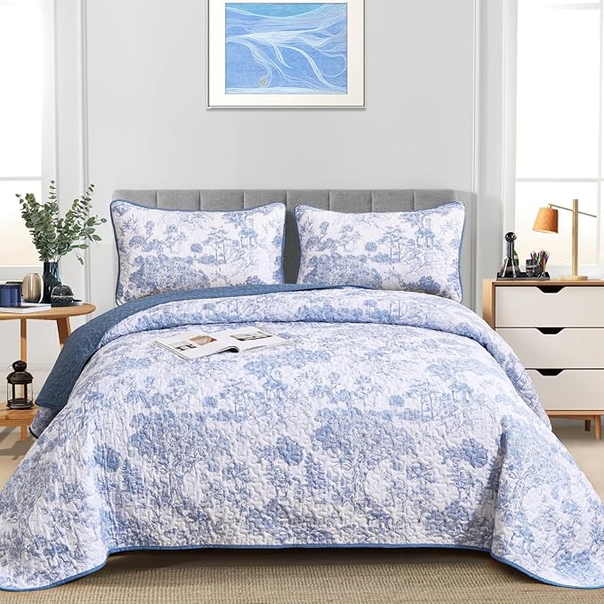 WONGS BEDDING Blue Quilt Set Full Size, 3 Pieces Botanical Bedspreads Set - Image 2