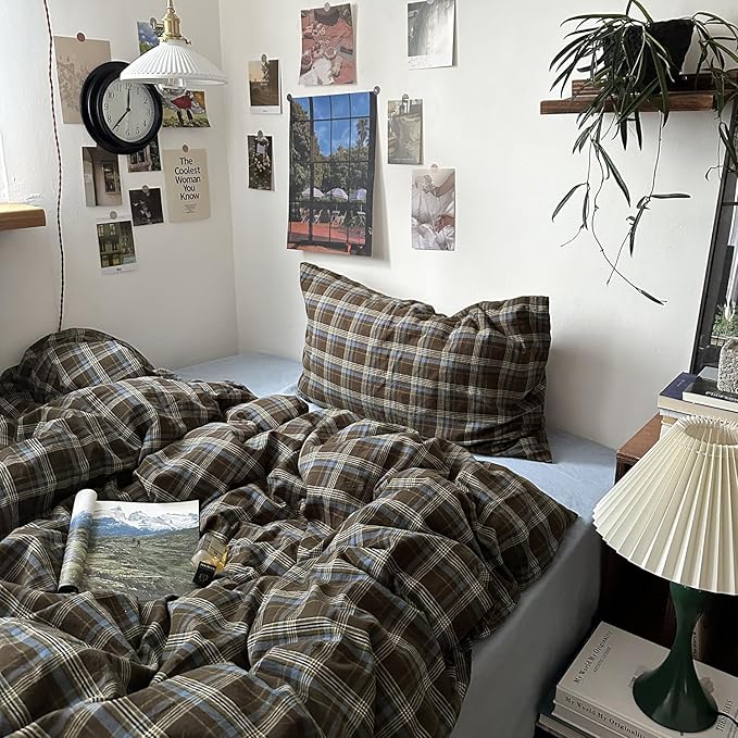 mixinni Vintage Brown & Blue Buffalo Plaid Duvet Cover Set Twin Size - Image 5