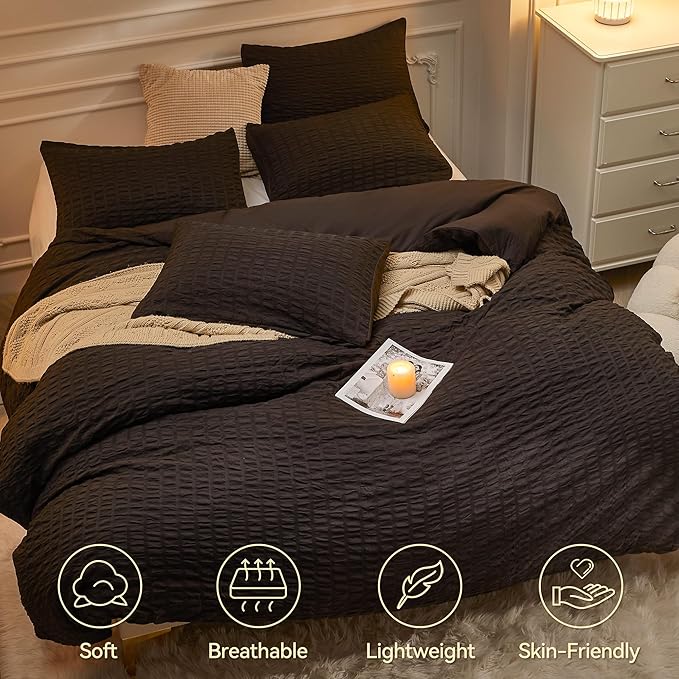 JELLYMONI Black Duvet Cover King Size, Soft Breathable Seersucker Duvet Cover - Image 2