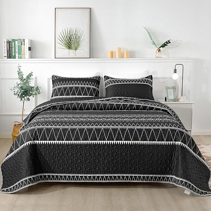 Andency Black California King Quilt Set, 3 Pieces Boho Lightweight Soft Striped by Andency
