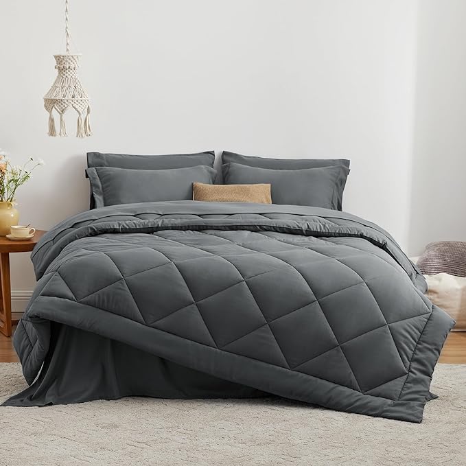Love's cabin Queen Comforter Set Dark Grey, 7 Pieces Queen Bed in a Bag - Image 2