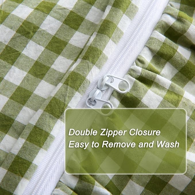 Silnuo Olive Green/White Checkered Ruffle 3-Piece Duvet Cover Set Twin Size - Image 6
