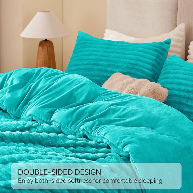 BEDELITE Fleece King Comforter Set -Super Soft & Warm Fluffy Teal Bedding - Image 5