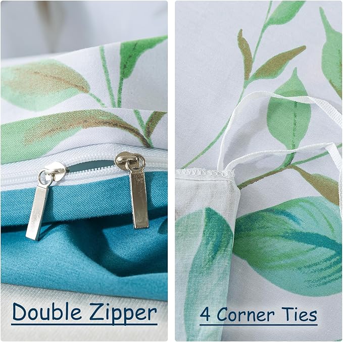 FADFAY Botanical Duvet Cover Sets Full Size 100% Cotton Teal Green Leaves - Image 3