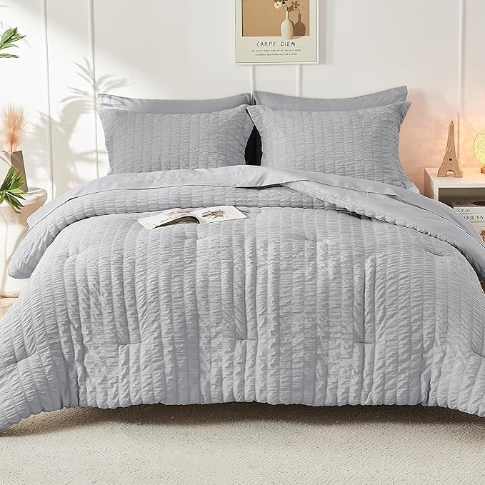 HYMOKEGE Light Grey Oversized Queen Comforter Set Seersucker 7 Pieces, All - Image 9