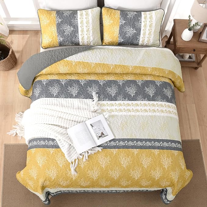 DJY Yellow Boho Quilt Set Queen Size, Striped Floral Yellow and Grey Bedspread - Image 3