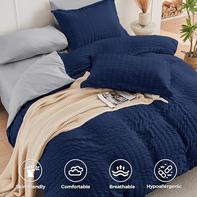 HYMOKEGE Navy Blue/Light Grey California King Comforter Set Seersucker 7 Pieces - Image 3