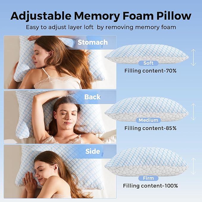 puredown® Pillows Queen Size Set of 2, Shredded Memory Foam Pillows, Cooling - Image 4