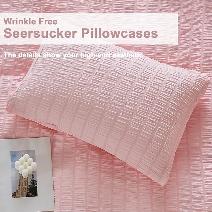 AveLom Blush Pink Seersucker Duvet Cover Set Full Size, 3 Pieces, Ultra Soft - Image 6