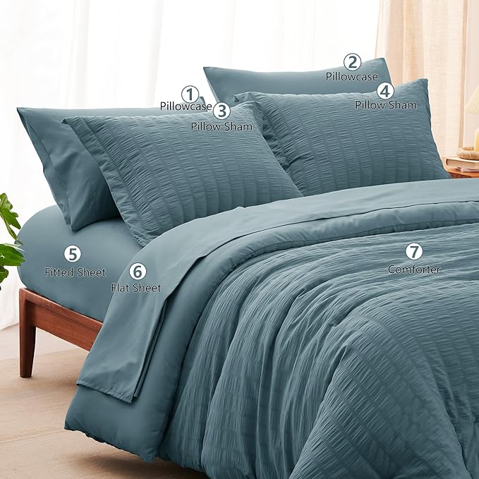 CozyLux Oversized King Comforter Set Mineral Blue Seersucker 7 Pieces 120x98 - Image 8