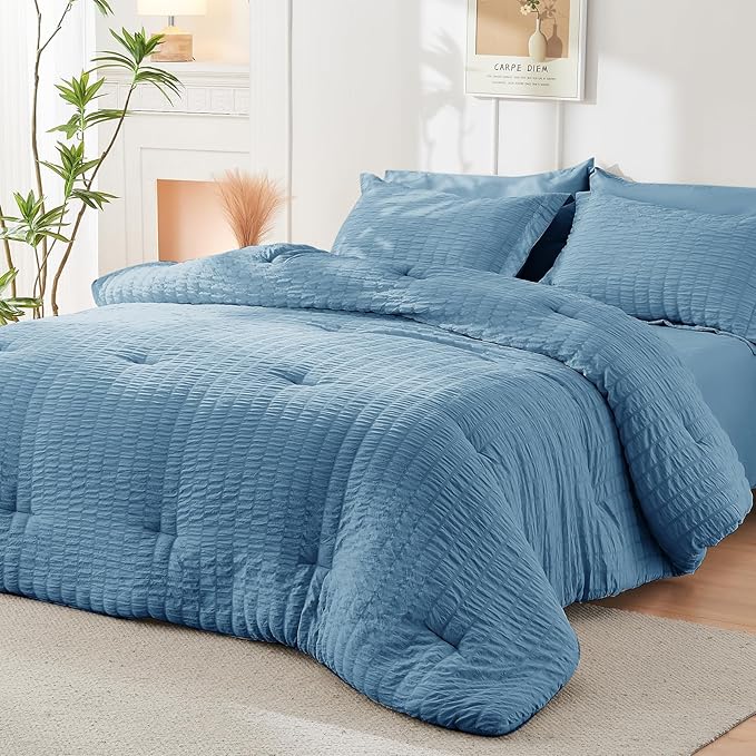 HYMOKEGE Mineral Blue Full Size Comforter Sets Seersucker 7 Pieces, All Season - Image 8