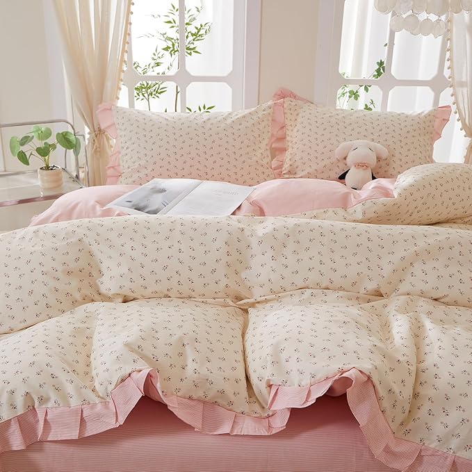 mixinni Pink Floral Duvet Cover Set Full Size – 100% Cotton Ruffle Lace Bedding - Image 6