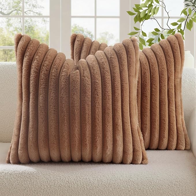 decorUhome Cozy Faux Fur Throw Pillow Covers 22x22 Set of 2 Decorative Soft by decorUhome