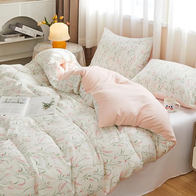 BOLINLIVING Pink Floral Duvet Cover King Size, Reversible Botanical Spring - Image 4