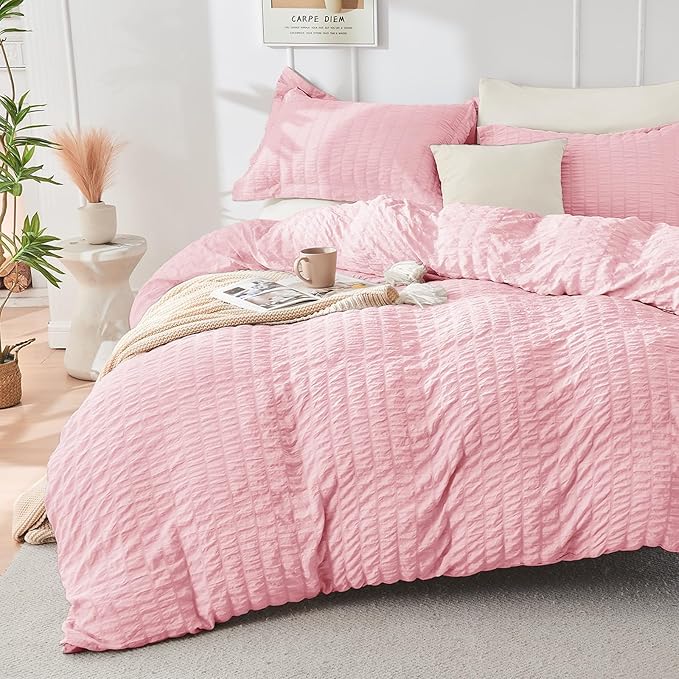 HYMOKEGE Pink/Ivory King Size Comforter Set Seersucker 7 Pieces, All Season - Image 2