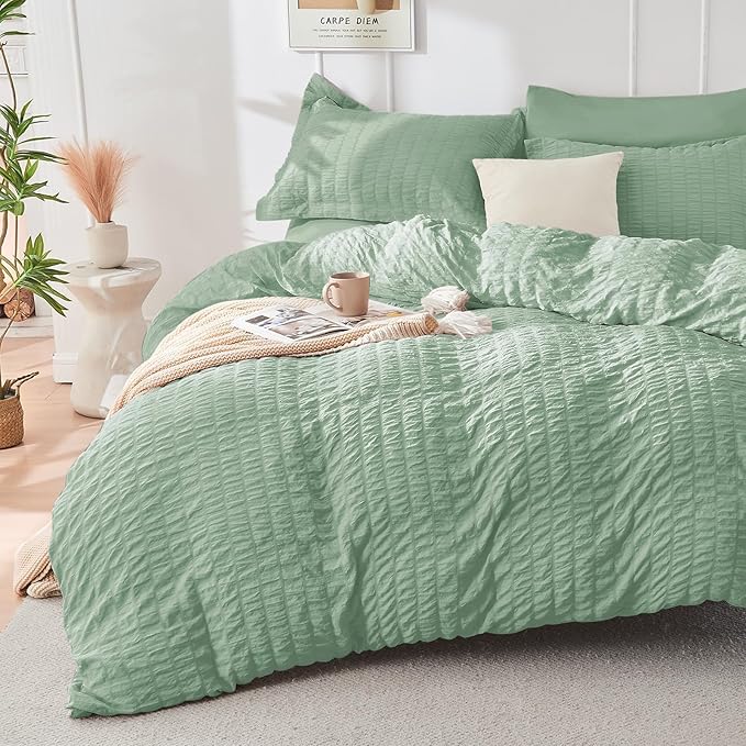 HYMOKEGE Sage Green King Size Comforter Set Seersucker 7 Pieces, All Season - Image 2
