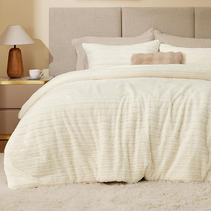 BEDELITE Fleece King Comforter Set -Super Soft & Warm Fluffy Cream White Faux by BEDELITE