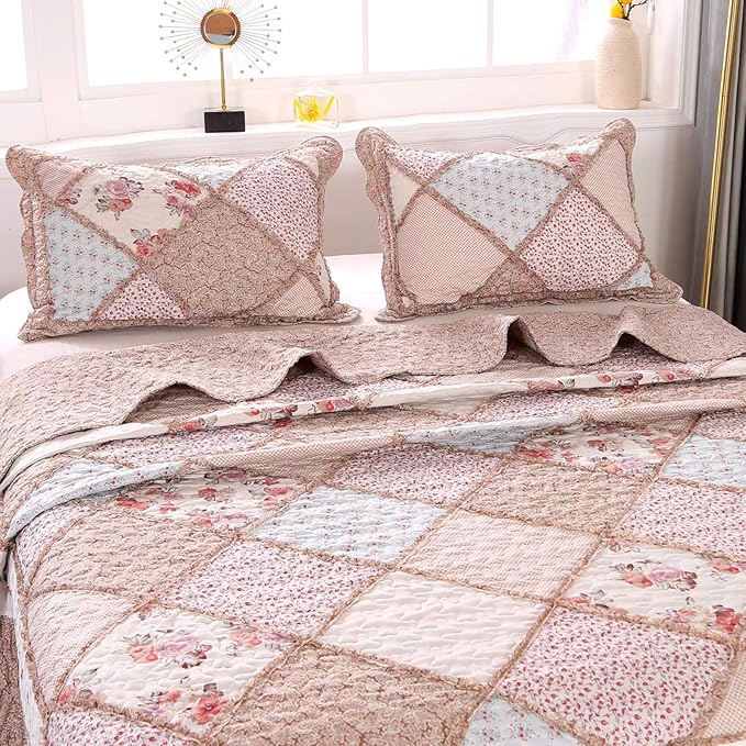 VIVILINEN Queen Size Quilt Set 3-Piece Light Pink Floral Patchwork Reversible - Image 6