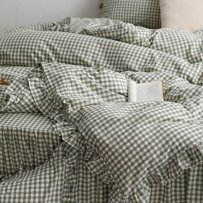 mixinni Green Ruffle Duvet Cover King Size 3 Pieces – 100% Washed Cotton - Image 7