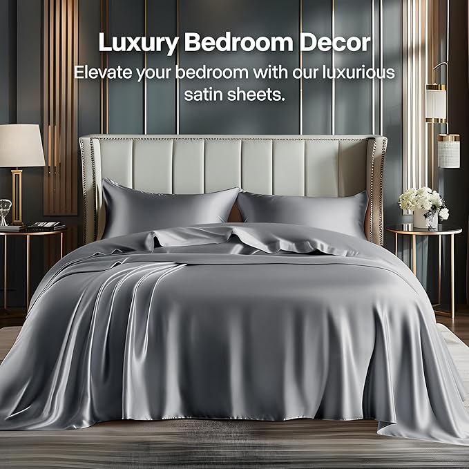 BEDELITE Satin Sheets Twin Size Bed Set, Luxury Soft Dark Grey Silky Sheets - Image 2