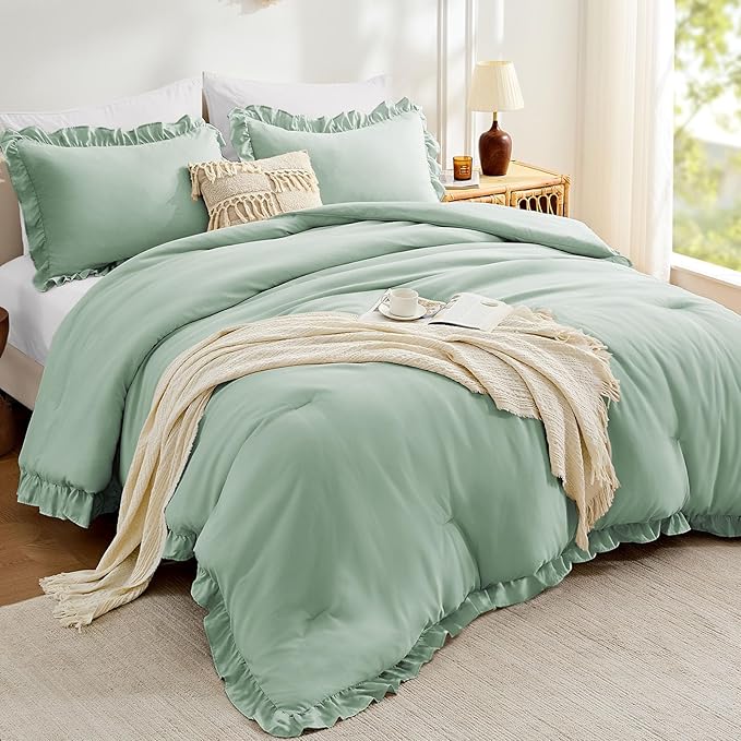 FUANNA Queen Comforter Set Sage Green, 3 Pieces Ruffle Queen Bed Set, Fluffy by FUANNA