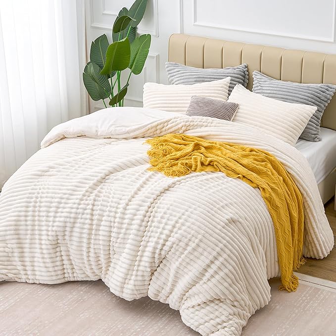 BEDELITE Fleece California King Comforter Set -Super Soft & Warm Fluffy Cream - Image 7