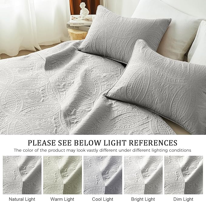 akkialla Quilts Queen Size, Light Grey Ultrasonic Full/Queen Quilt Set - Image 5