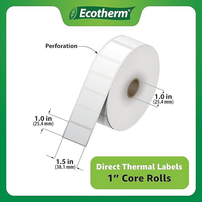 1.5" x 1" Thermal Labels | 6 Rolls | 11400 Labels | fits Zebra, Godex, Arkscan, iDPRT, Offnova Thermal Label Printers and More | Blank White Adhesive Stickers by Ecotherm-DeskoryOffice