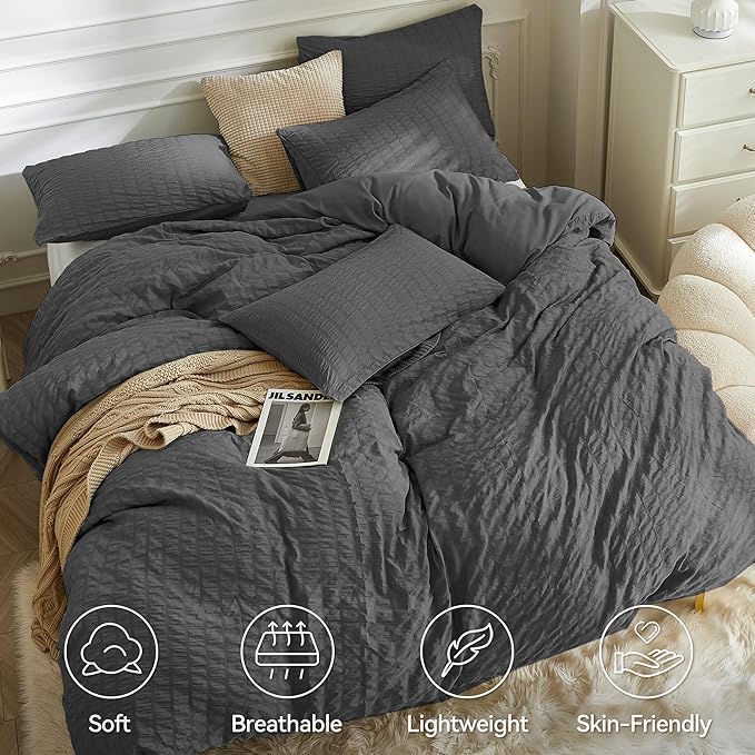 JELLYMONI Charcoal Grey Duvet Cover Full Size, Soft Breathable Seersucker Duvet - Image 2