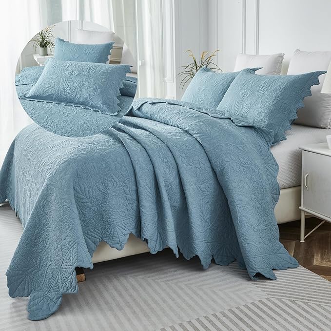Brandream Luxury 100% Cotton Quilt Set King Size Blue Floral Vine Matelasse - Image 6