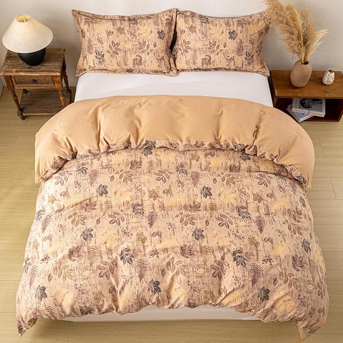 OAITE Brown Leaves Twin Size Duvet Cover-3 Pieces Prewashed Cotton-Like - Image 6
