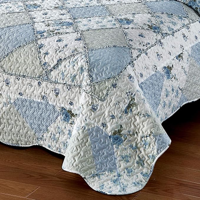 Oversized King Size Blue Floral Plaid Patchwork Quilt Set 128x120 Extra Wide - Image 5