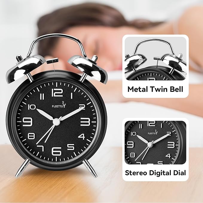 (Loud Alarm for Deep Sleepers 4'' Twin Bell Alarm Clock, Stereo Digital Dial Alarm Clock with Backlight for Bedroom and Home Decoration(Streamer Black)