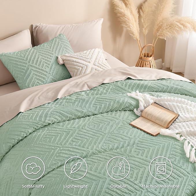 Andency Sage Green Boho Queen Comforter Set, Lightweight and Fluffy Bedding Set - Image 4