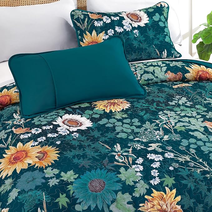 Yiran Peacock Green Quilts Queen Size, Floral Bedspreads Bedding Set, 3 Pieces - Image 3