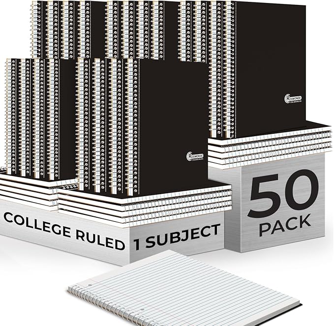 1 Subject Spiral Notebook, 50 Pack, College Ruled, Water Resistant Cover, Thick 140 Pages (70 Sheets), 8 x 10-1/2, 3 Hole Punched, Bulk School & Office, Black Cover-DeskoryOffice