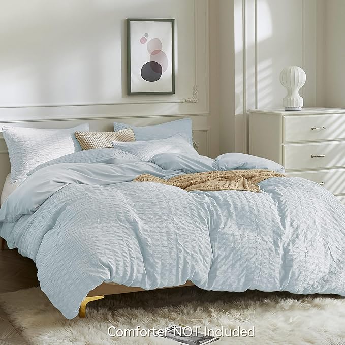 JELLYMONI Baby Blue Duvet Cover King Size, Soft Breathable Seersucker Duvet - Image 3