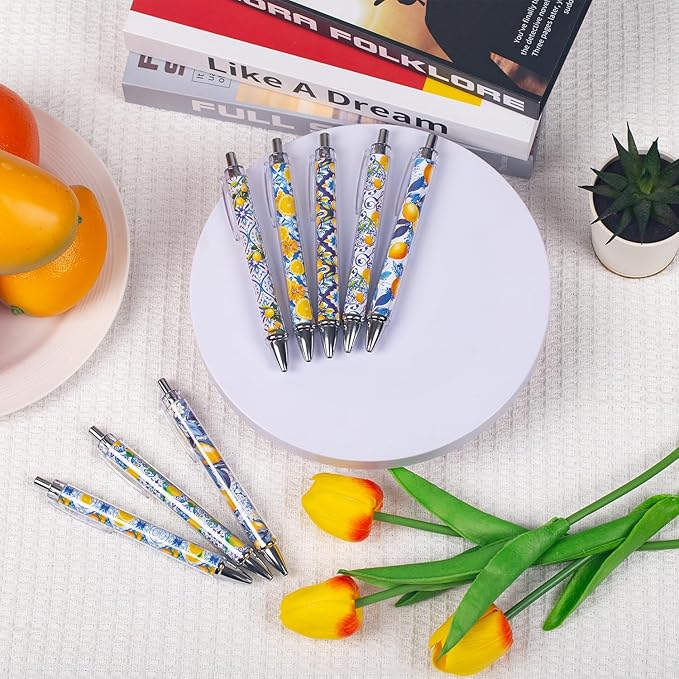 Capri Lemon Pens Set – Mediterranean-Inspired Ballpoint Pens for Girls, Students, and Stationery Lovers – Smooth Writing Pens for School, Journaling, or Gifts – Bright and Elegant Design, 8 Pack-DeskoryOffice