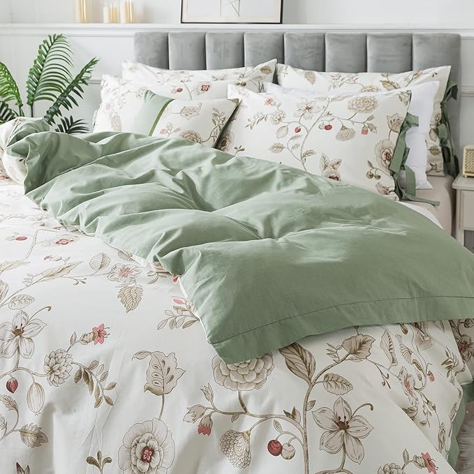 FADFAY Floral Bedding Set Twin 100% Cotton Shabby and Chic Beige Green - Image 8