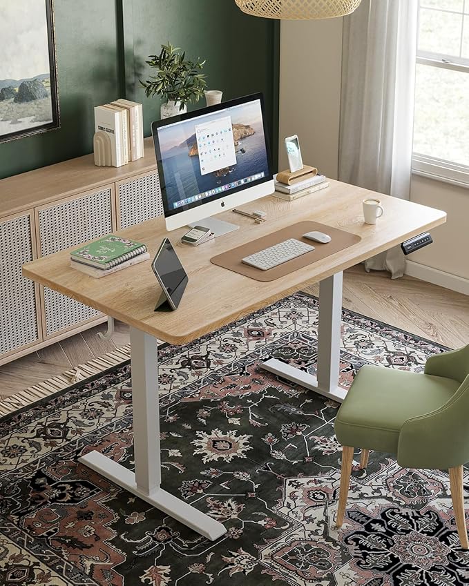 FEZIBO One-Piece Standing Desk Adjustable Height Stand up Home Office Desk, 55x24 Inch Electric Standing Computer Desk, with 4 Memory Presets, Fixable casters, Maple-DeskoryOffice