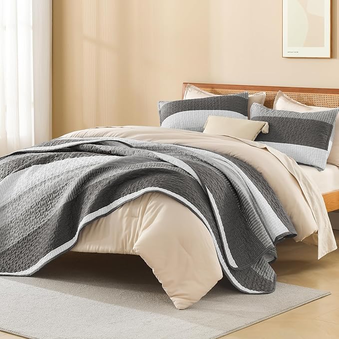 Litanika Oversized King Quilt Set Dark Grey, 120x120 Stripe Bedspread Coverlet - Image 4