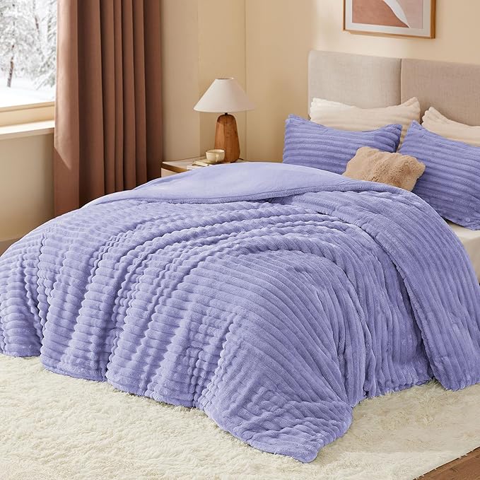 BEDELITE Fleece Queen Comforter Set -Super Soft & Warm Fluffy Lavender Bedding - Image 2