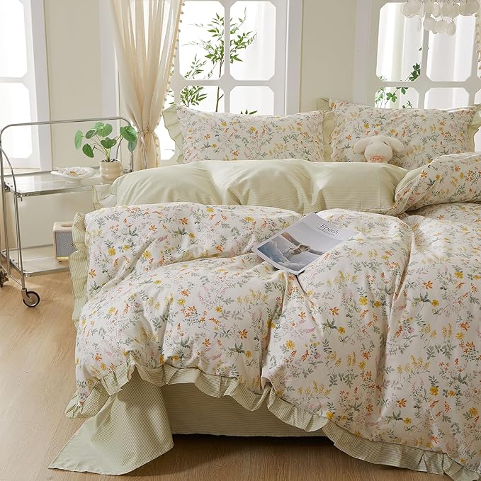 mixinni 100% Cotton Duvet Cover Set Twin XL, Reversible Spring Floral Ruffle by mixinni