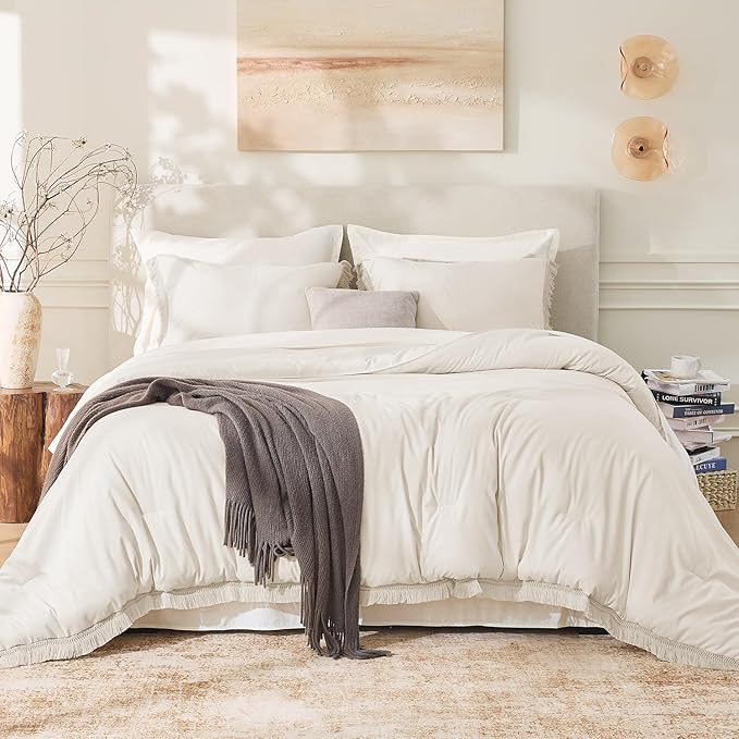 Andency King Size Comforter Set Beige, 3 Pieces Boho Lightweight Tassel Fluffy - Image 2